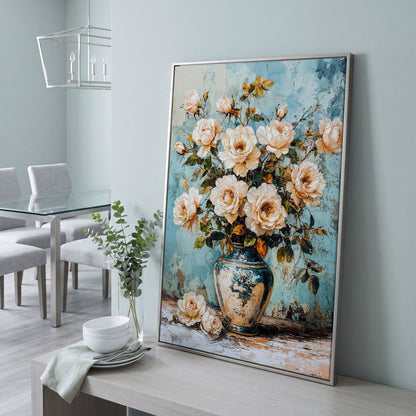 Roses in Aqua Vase Floral Canvas in silver floating frame