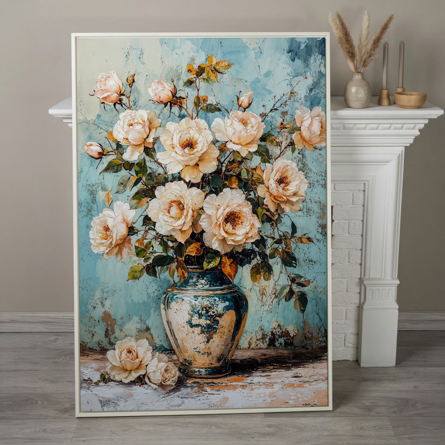 Roses in Aqua Vase Floral Canvas in white floating frame