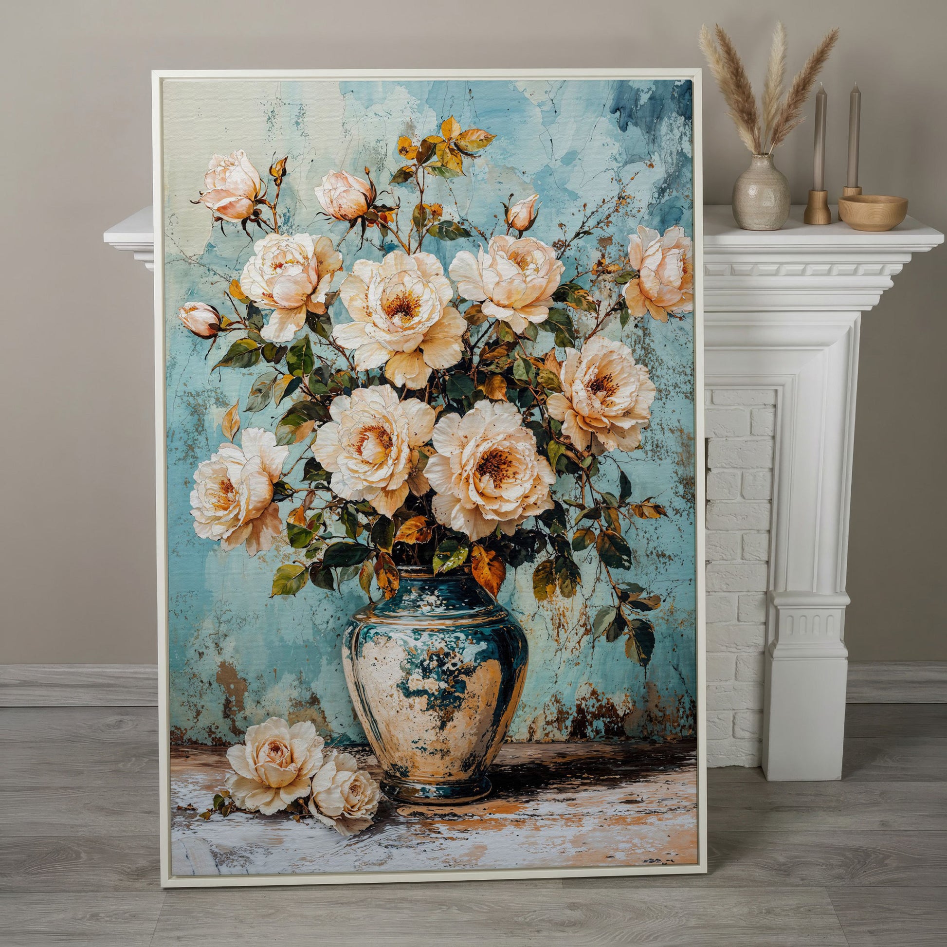 Roses in Aqua Vase Floral Canvas in white floating frame