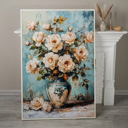 Roses in Aqua Vase Floral Canvas in white floating frame