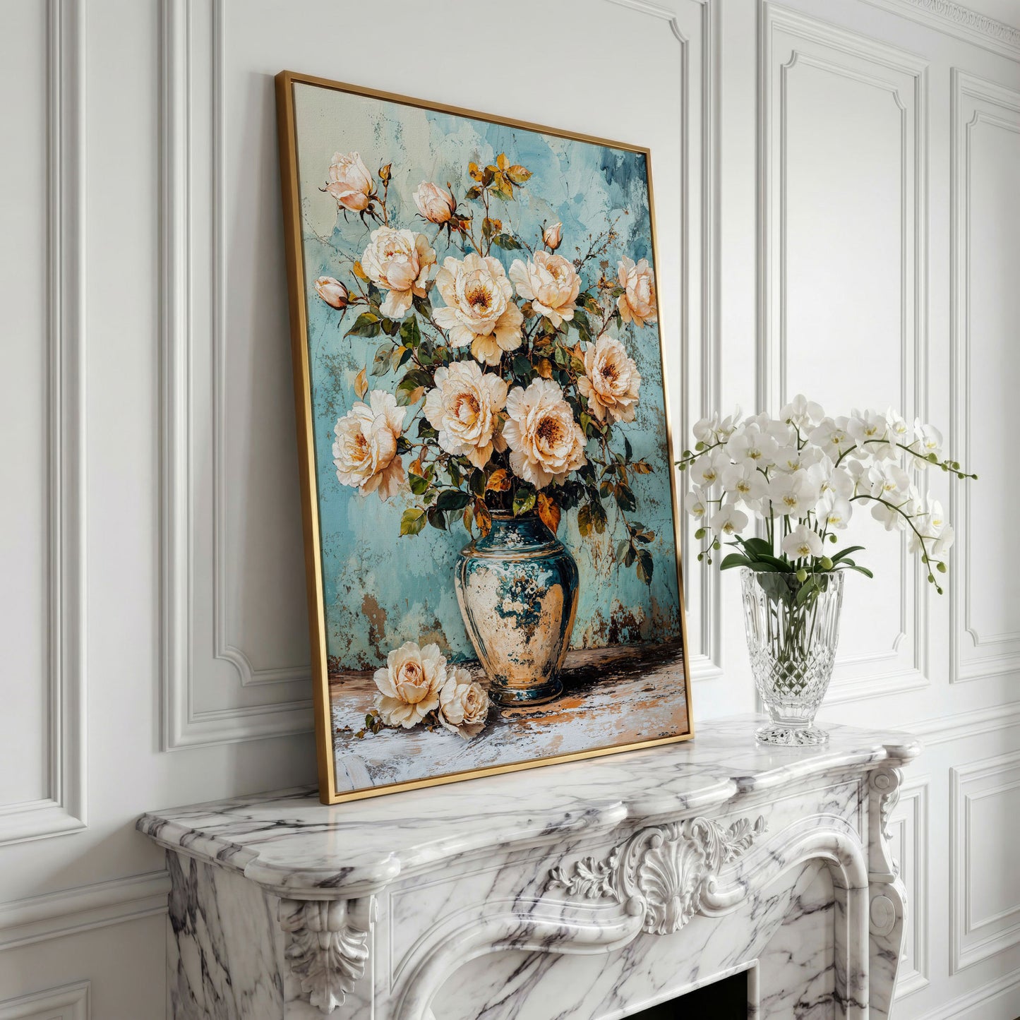 Roses in Aqua Vase Floral Canvas in yellow gold floating frame
