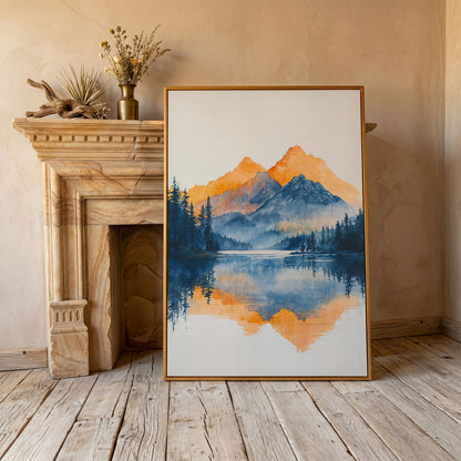 Mountain Lake Mirror Canvas Art with Burnt Orange Horizon in antique gold floating frame