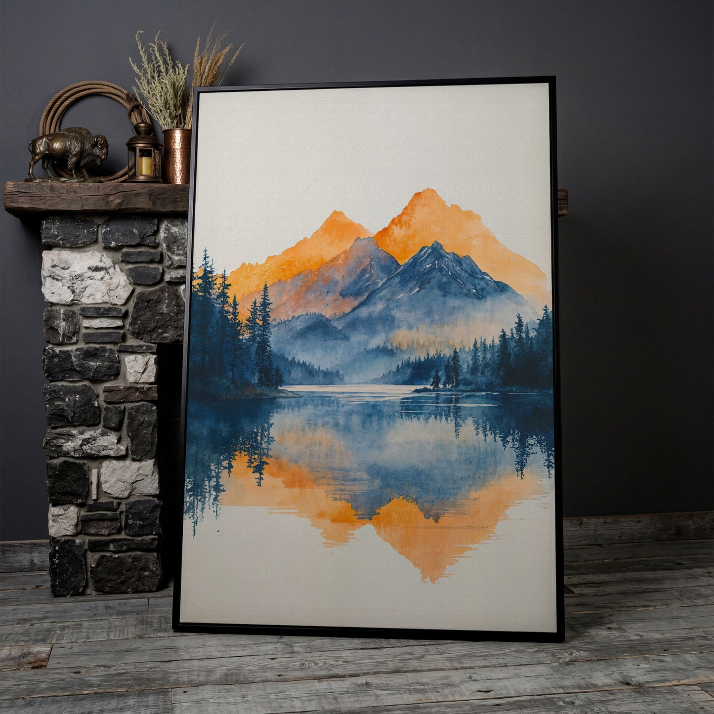 Mountain Lake Mirror Canvas Art with Burnt Orange Horizon in black floating frame