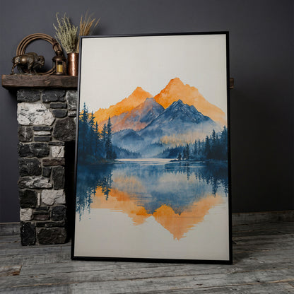 Mountain Lake Mirror Canvas Art with Burnt Orange Horizon in black floating frame
