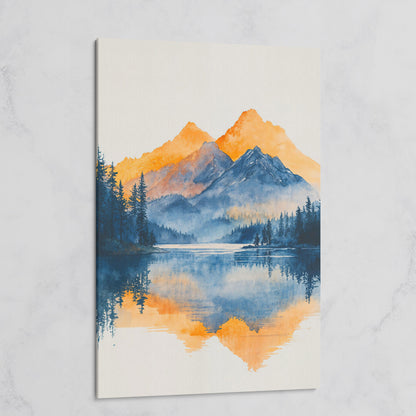 Mountain Lake Mirror Canvas Art with Burnt Orange Horizon on gallery wrap