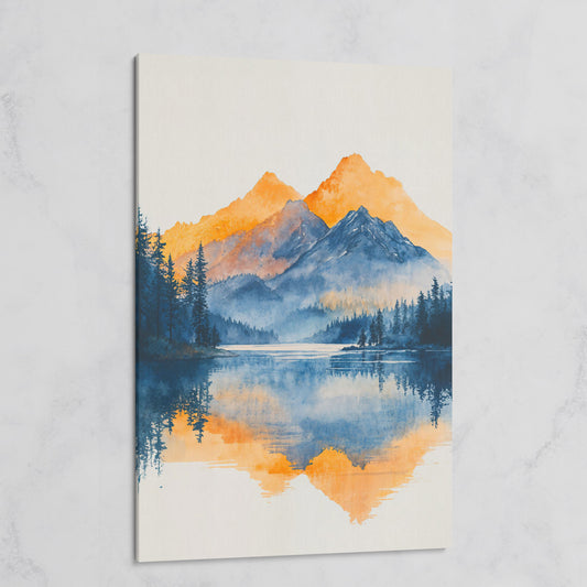 Mountain Lake Mirror Canvas Art with Burnt Orange Horizon on gallery wrap