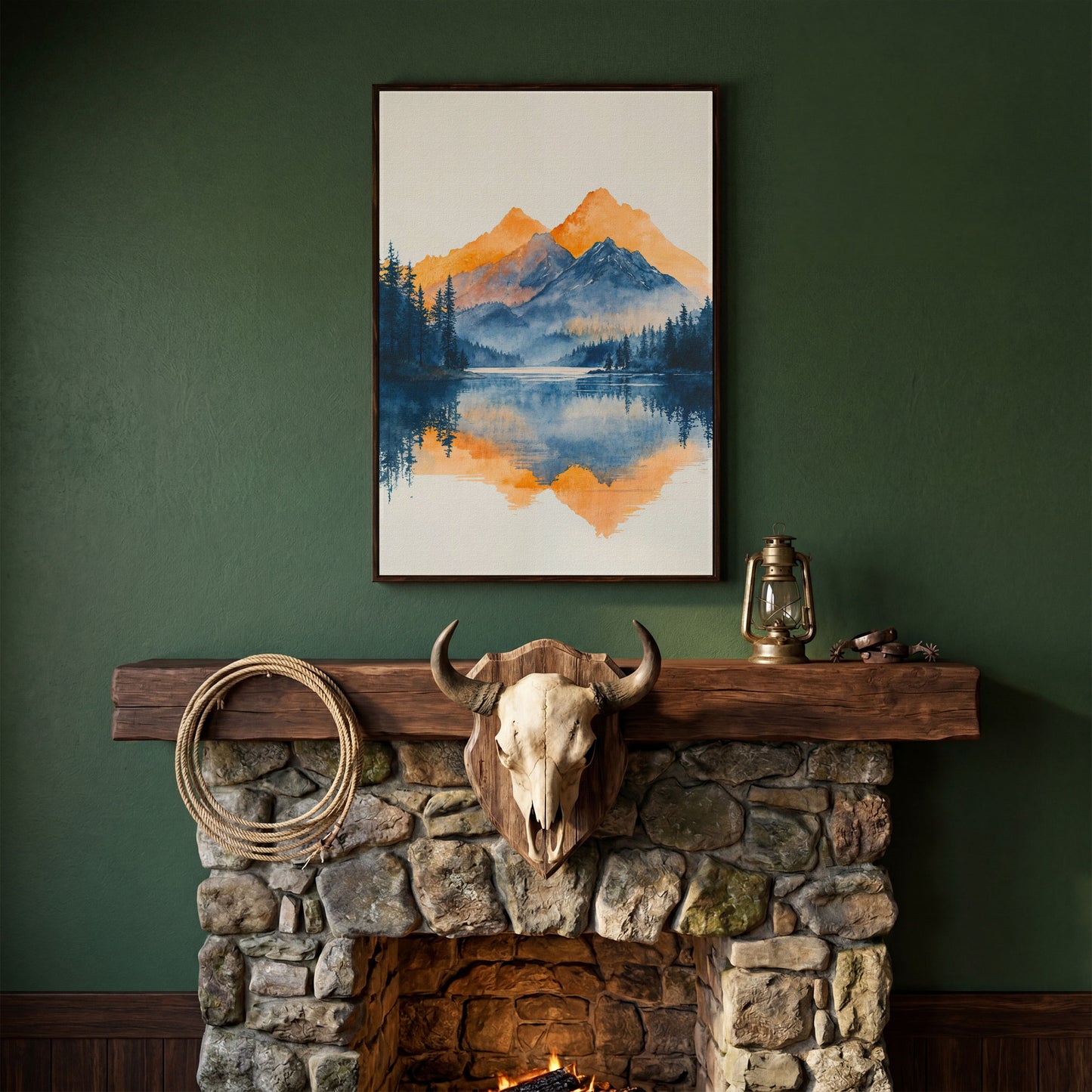 Mountain Lake Mirror Canvas Art with Burnt Orange Horizon in dark walnut floating frame