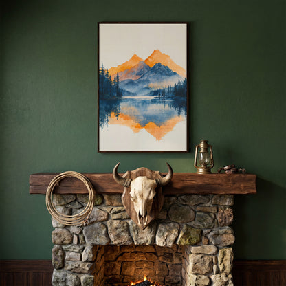Mountain Lake Mirror Canvas Art with Burnt Orange Horizon in dark walnut floating frame