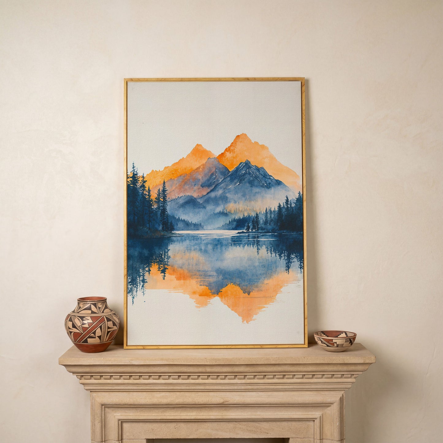 Mountain Lake Mirror Canvas Art with Burnt Orange Horizon in white oak floating frame