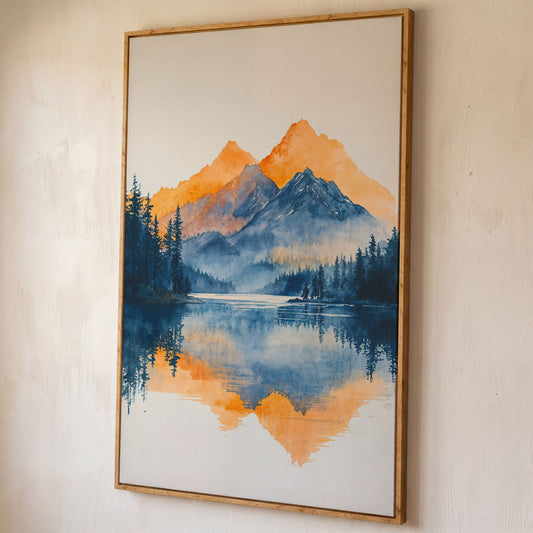 Mountain Lake Mirror Canvas Art with Burnt Orange Horizon shown in white oak floating frame
