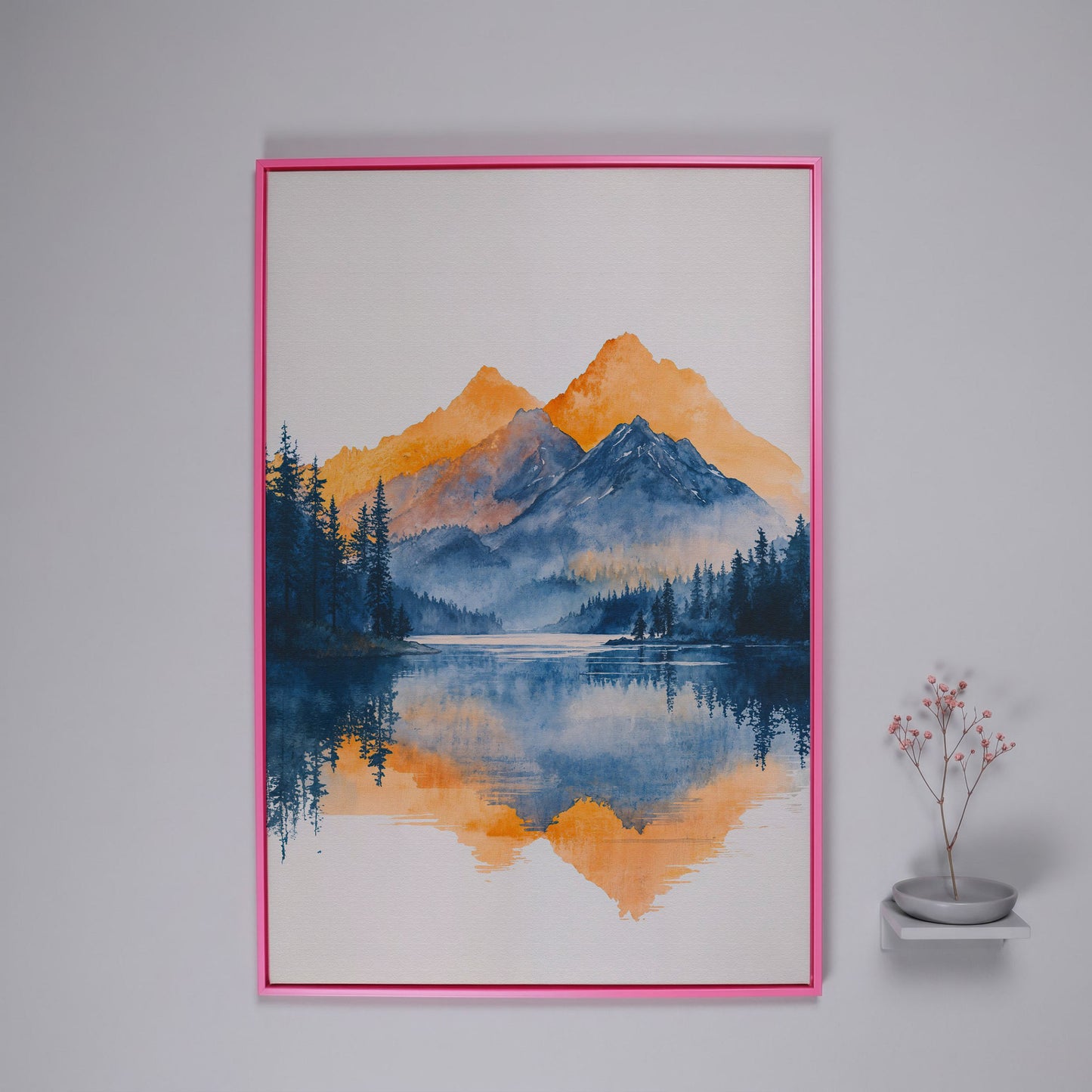 Mountain Lake Mirror Canvas Art with Burnt Orange Horizon in pink floating frame