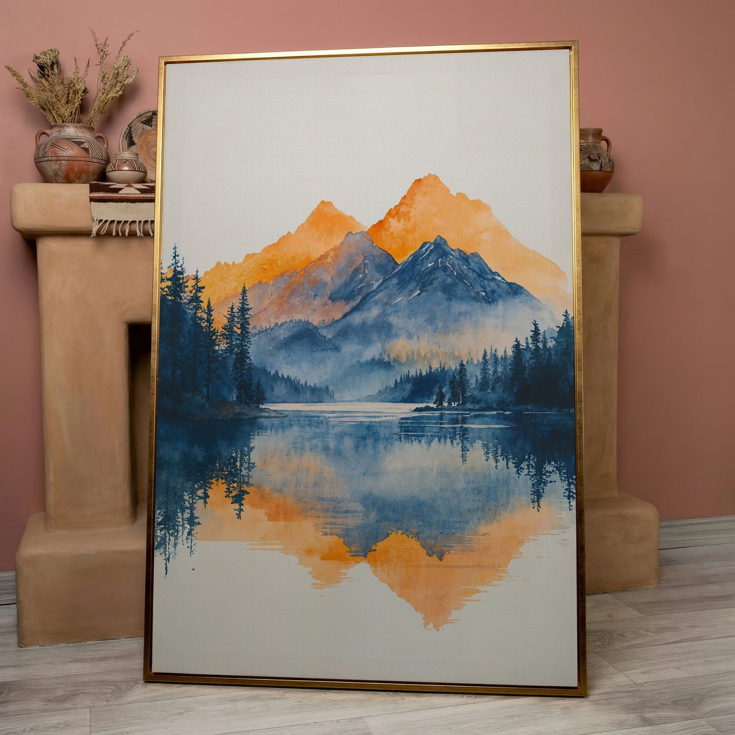 Mountain Lake Mirror Canvas Art with Burnt Orange Horizon in rose gold floating frame