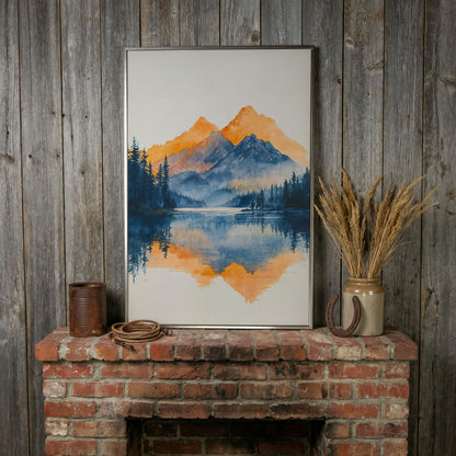 Mountain Lake Mirror Canvas Art with Burnt Orange Horizon in silver floating frame