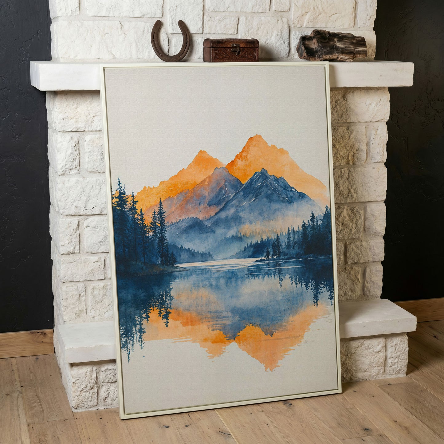 Mountain Lake Mirror Canvas Art with Burnt Orange Horizon in white floating frame