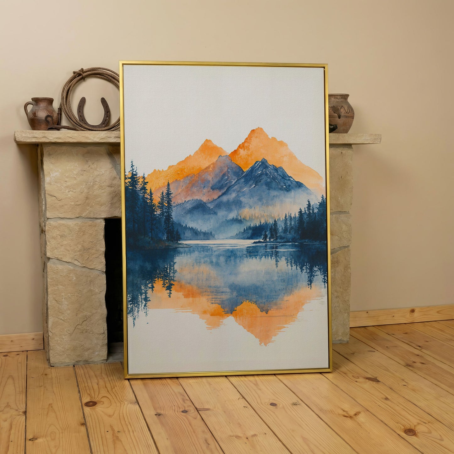Mountain Lake Mirror Canvas Art with Burnt Orange Horizon in yellow gold floating frame