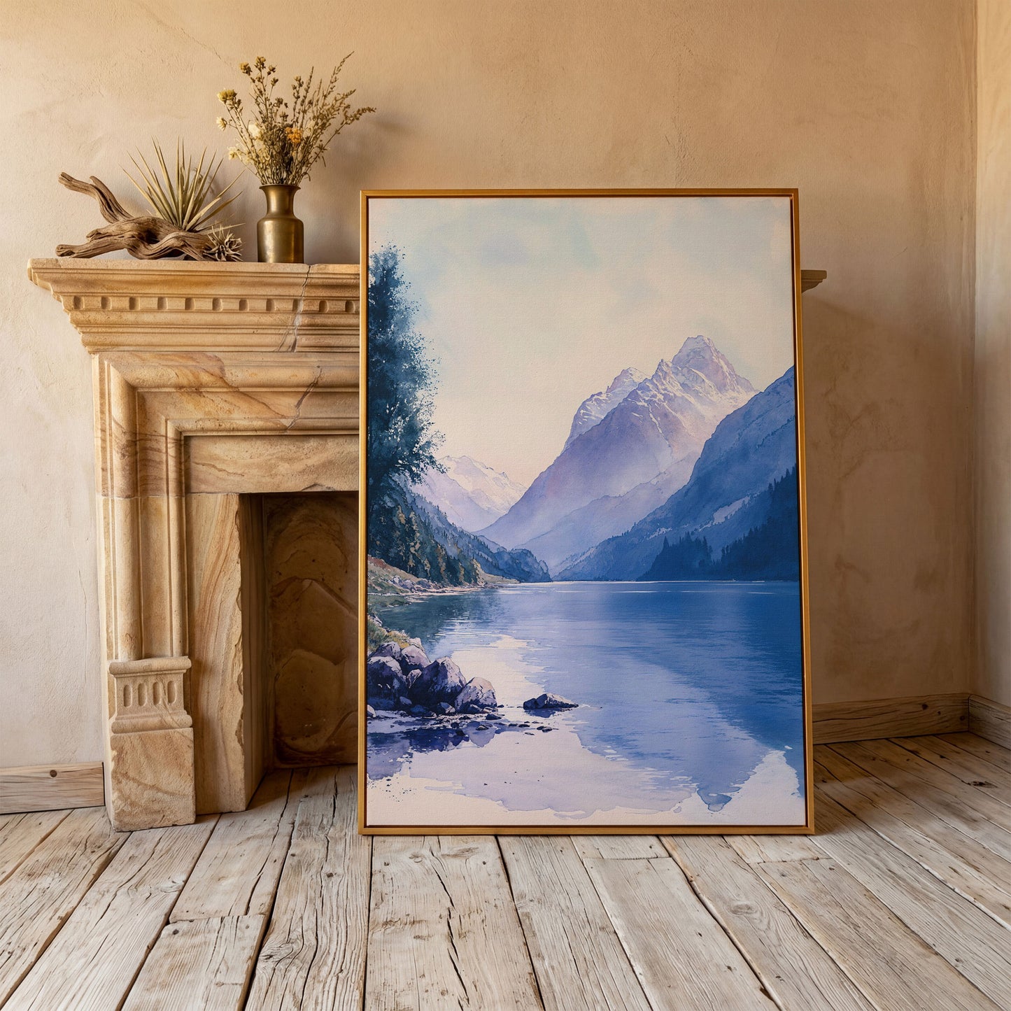 Watercolor Mountain Landscape Canvas in Dusty Blue in antique gold floating frame