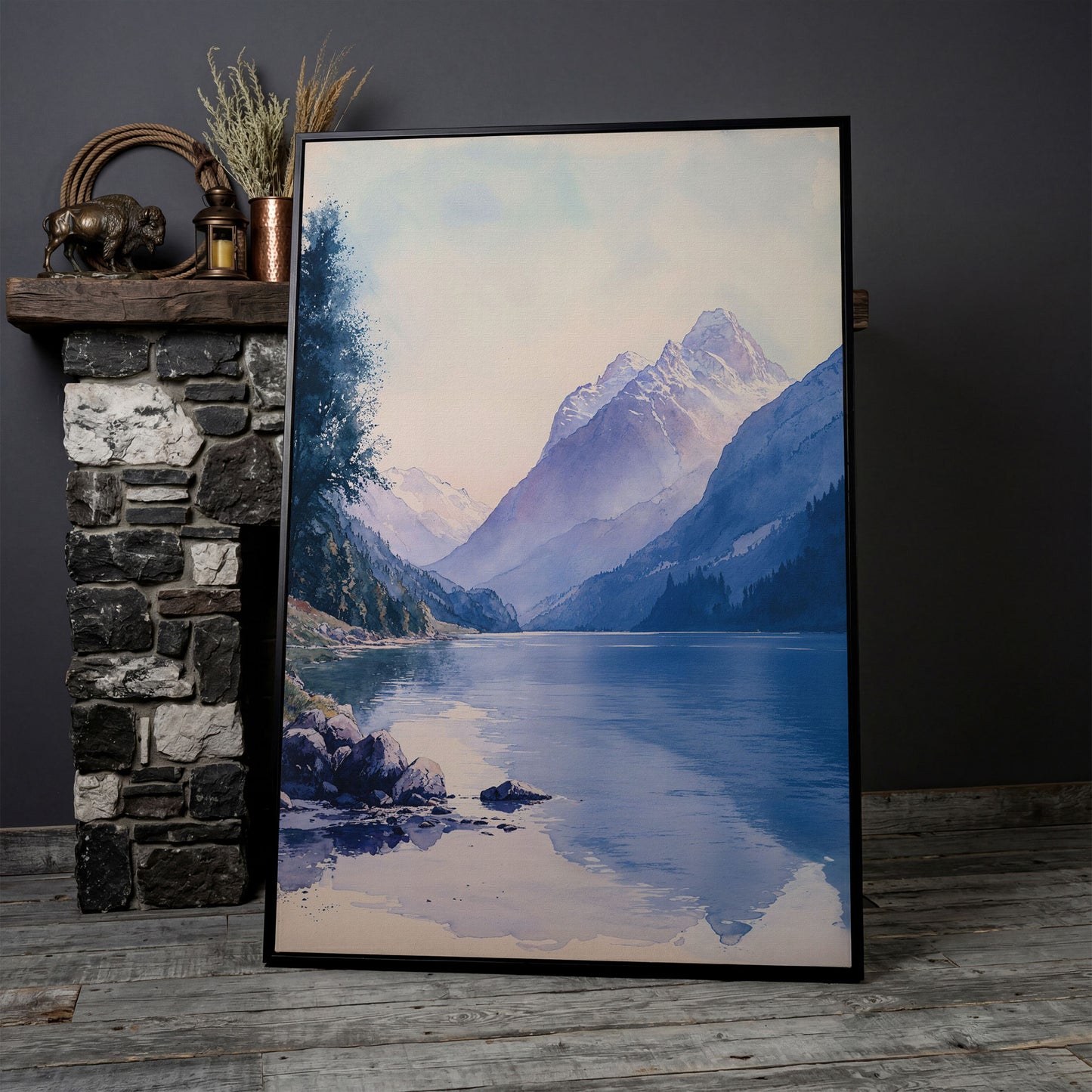 Watercolor Mountain Landscape Canvas in Dusty Blue in black floating frame