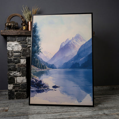 Watercolor Mountain Landscape Canvas in Dusty Blue in black floating frame