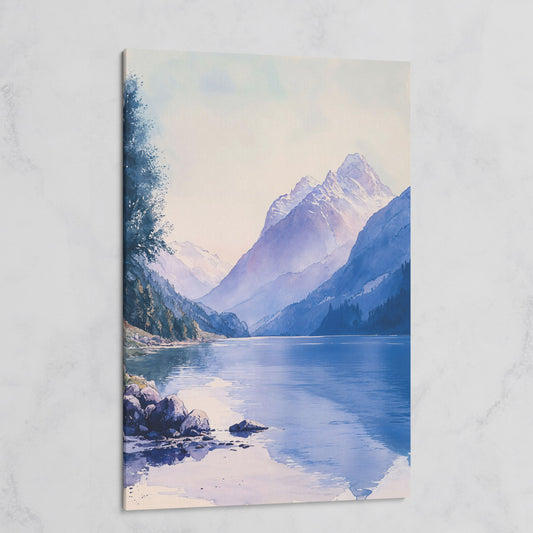 Watercolor Mountain Landscape Canvas in Dusty Blue on gallery wrap