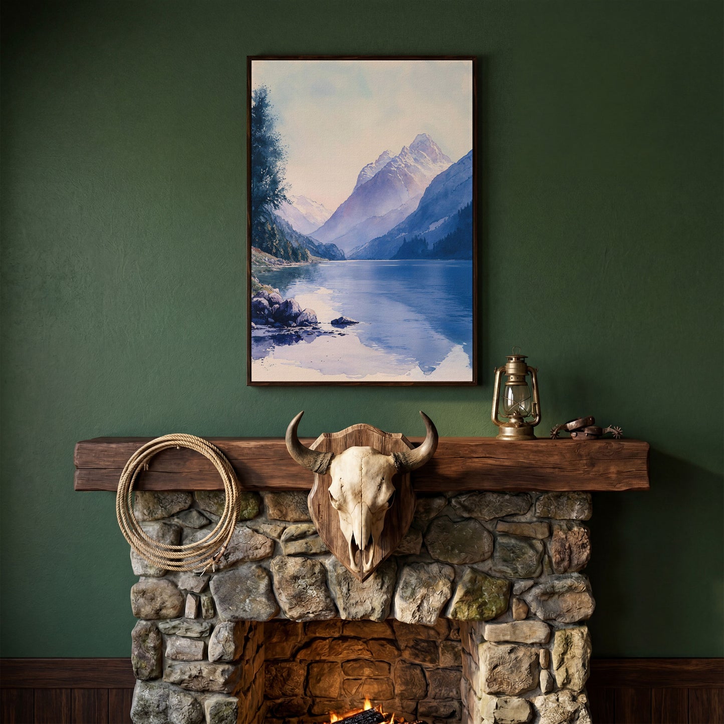 Watercolor Mountain Landscape Canvas in Dusty Blue in dark walnut floating frame