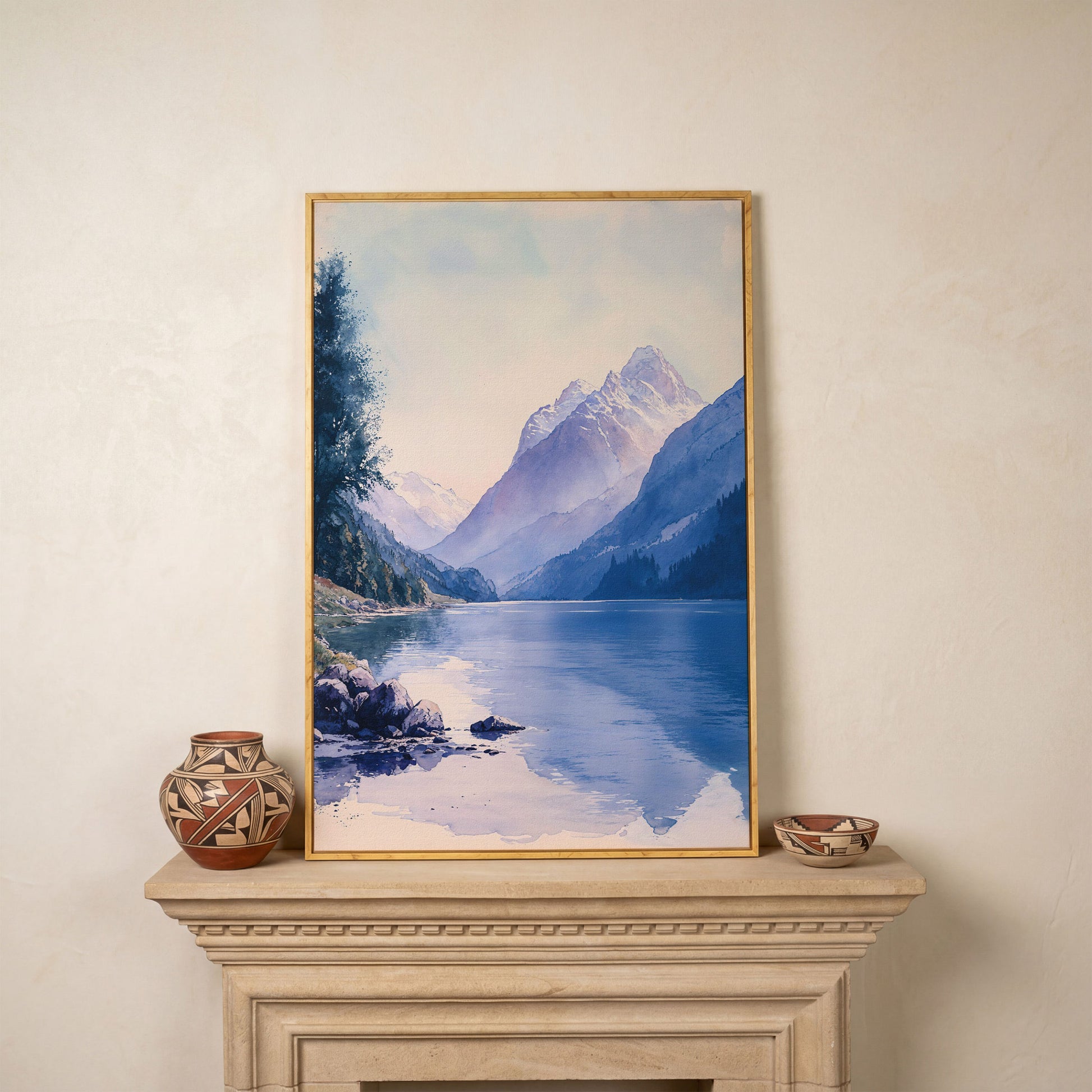 Watercolor Mountain Landscape Canvas in Dusty Blue in white oak floating frame