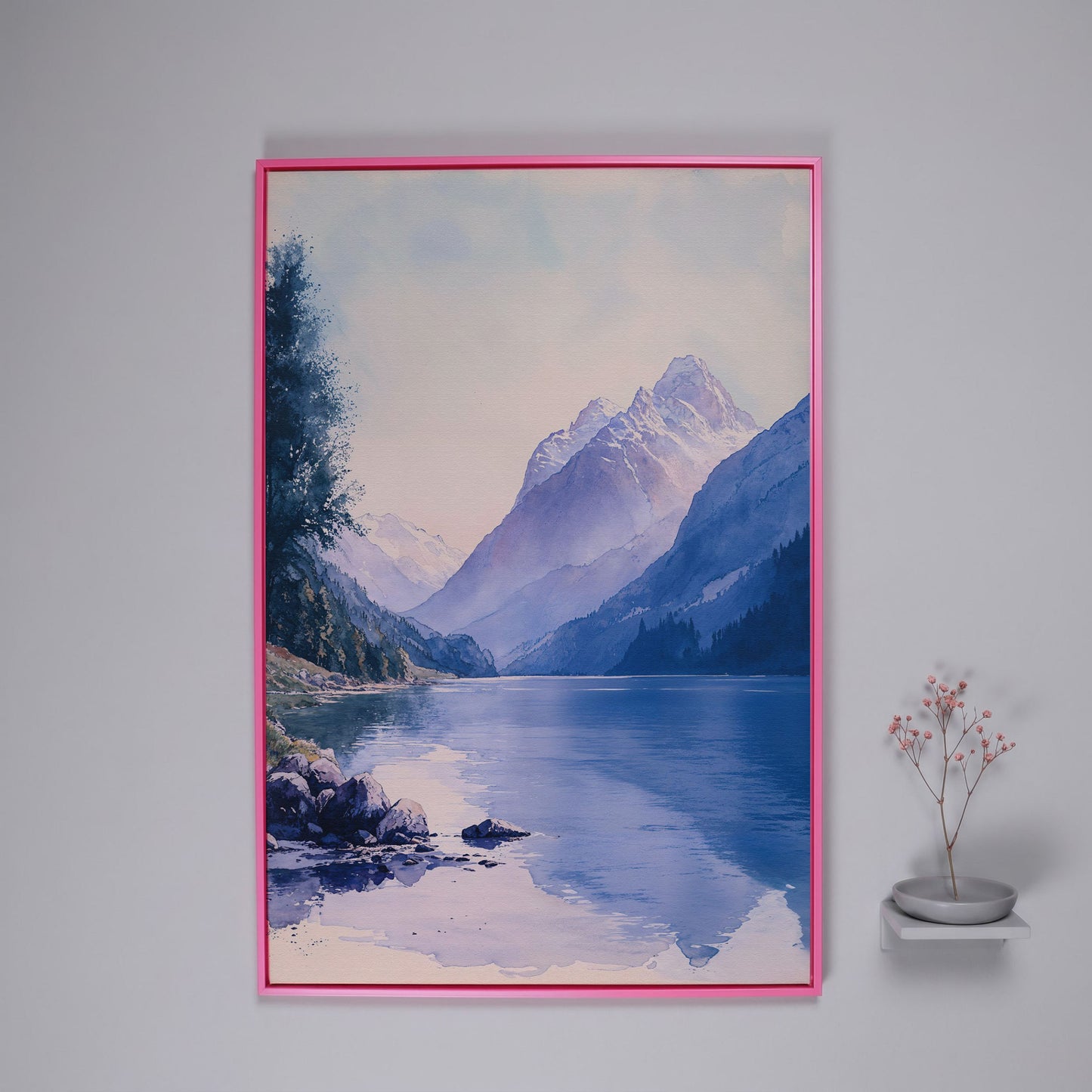 Watercolor Mountain Landscape Canvas in Dusty Blue in pink floating frame