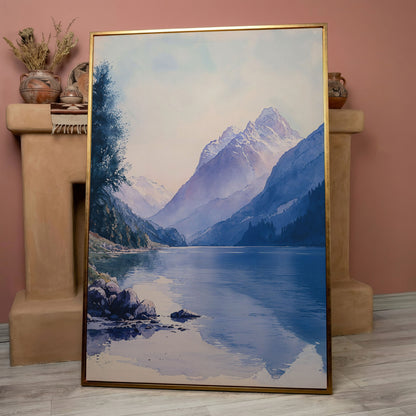 Watercolor Mountain Landscape Canvas in Dusty Blue in rose gold floating frame