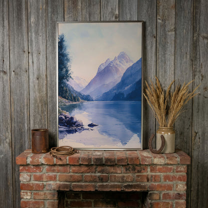 Watercolor Mountain Landscape Canvas in Dusty Blue in silver floating frame