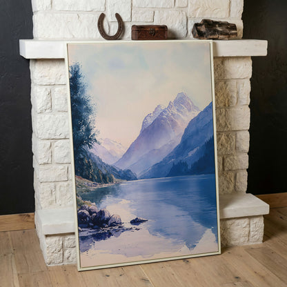 Watercolor Mountain Landscape Canvas in Dusty Blue in white floating frame
