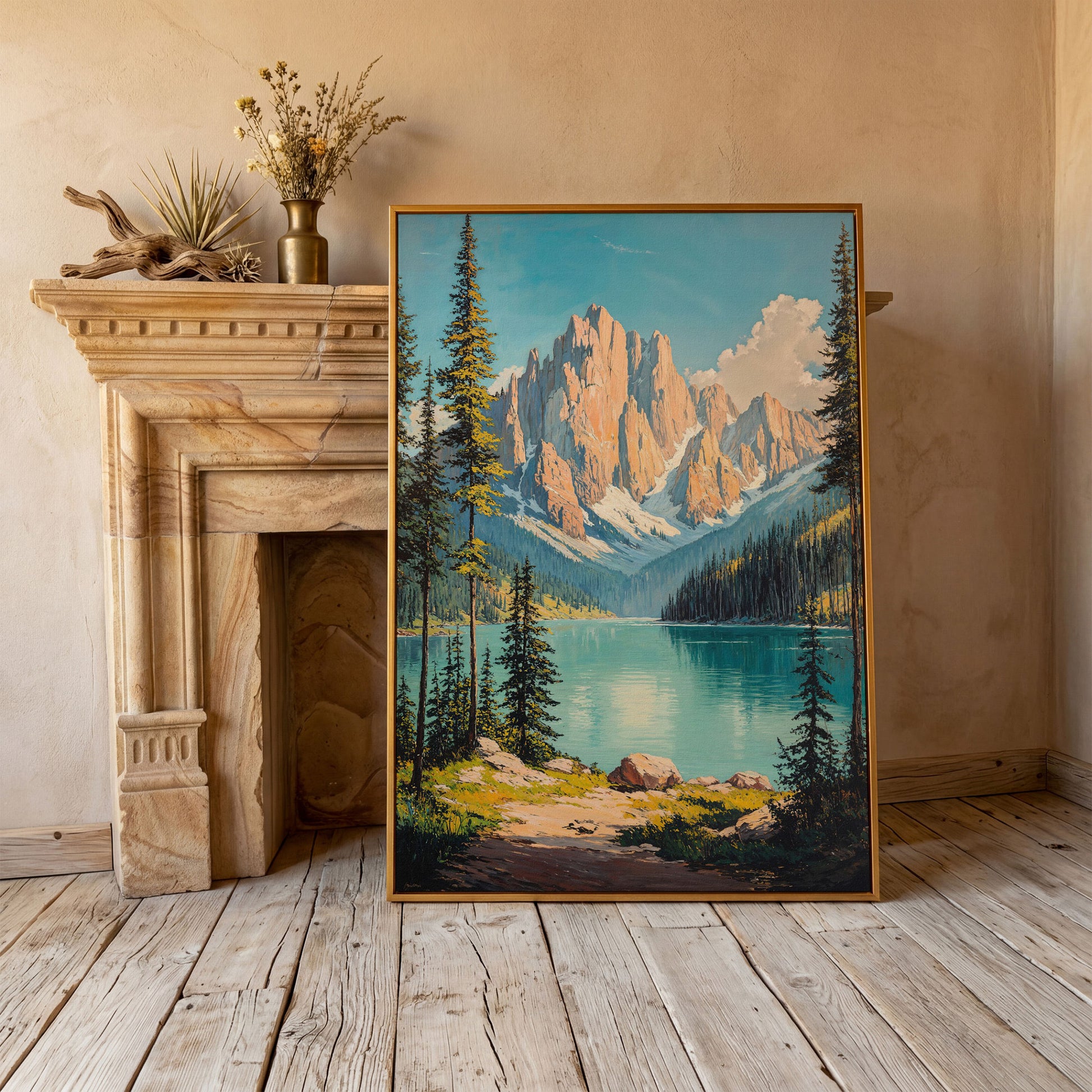 Mountain Lake with Distant Peaks Canvas in antique gold floating frame