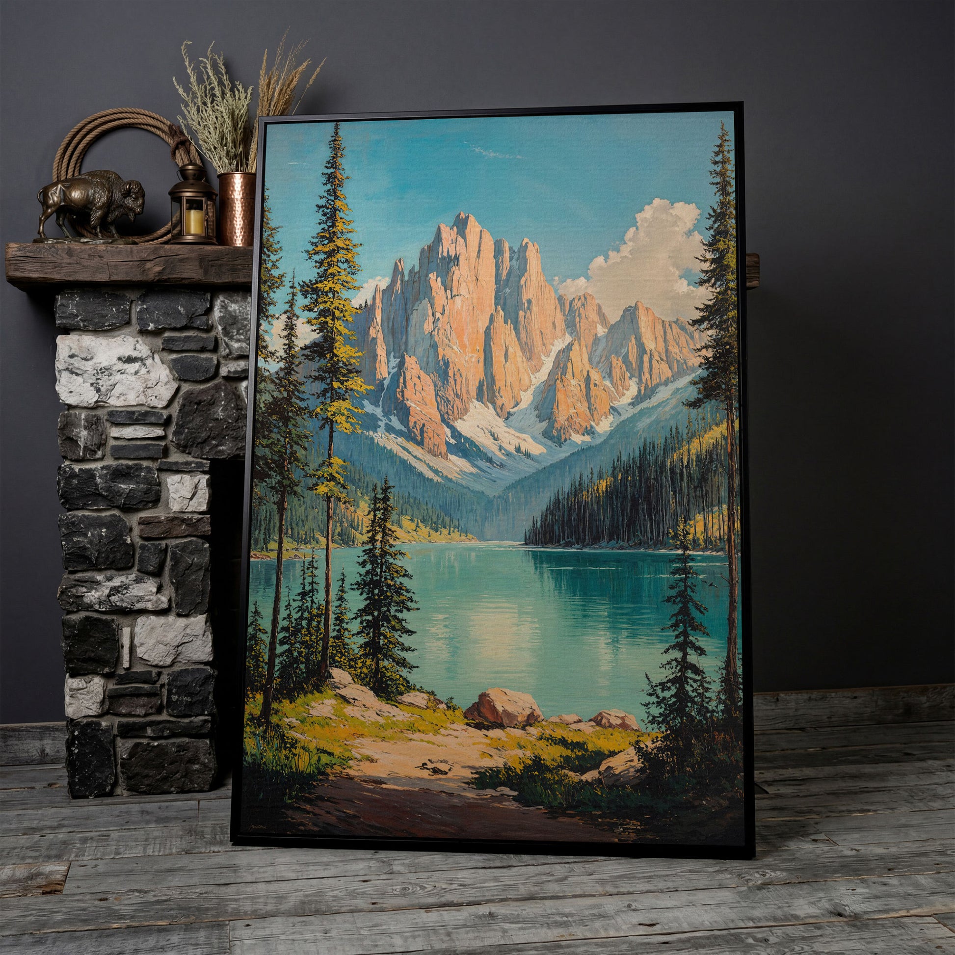 Mountain Lake with Distant Peaks Canvas in black floating frame