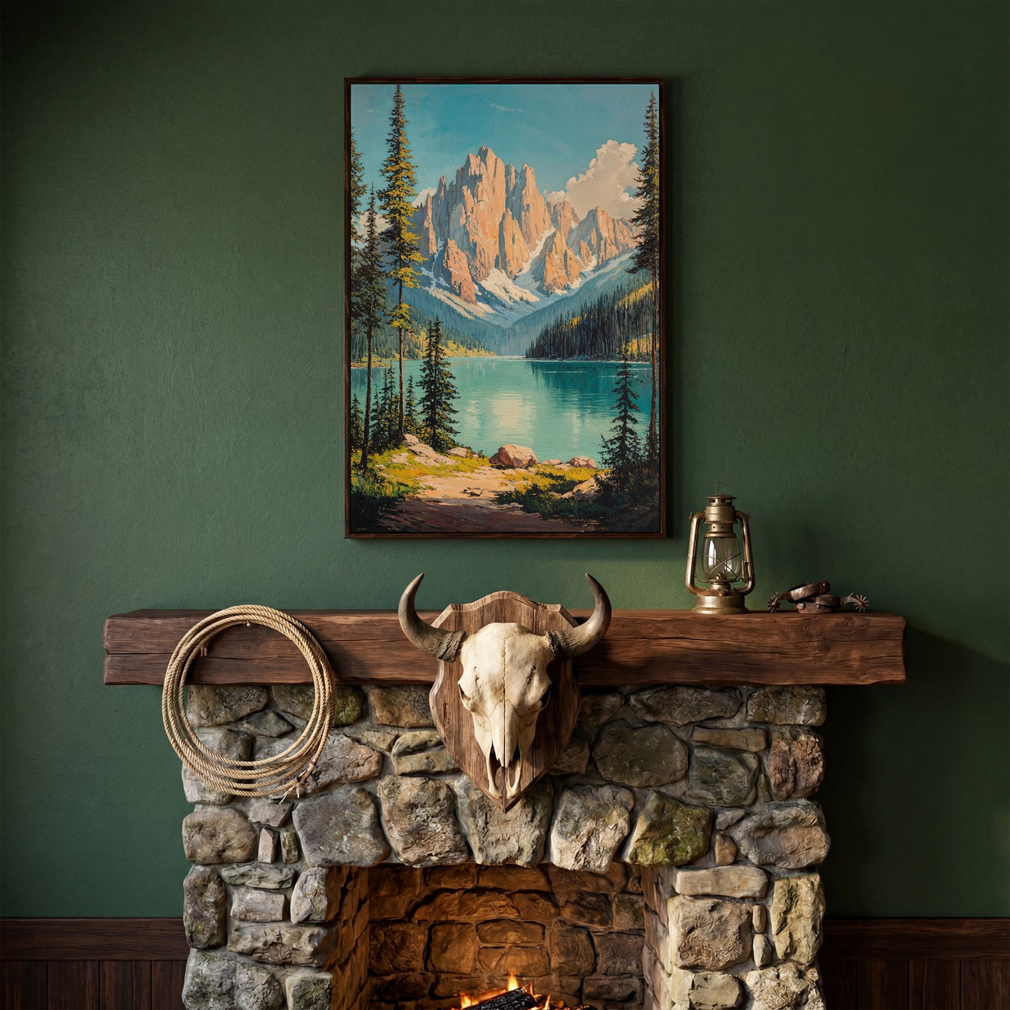 Mountain Lake with Distant Peaks Canvas in dark walnut floating frame
