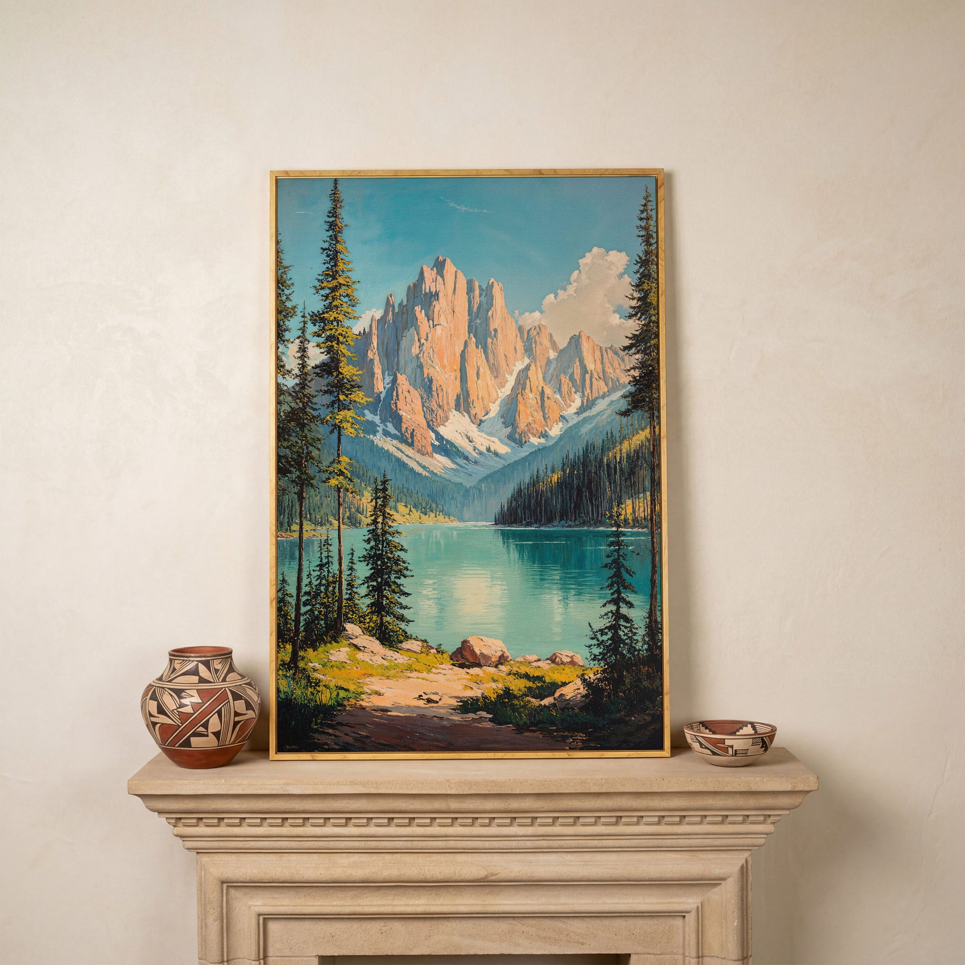 Mountain Lake with Distant Peaks Canvas in white oak floating frame