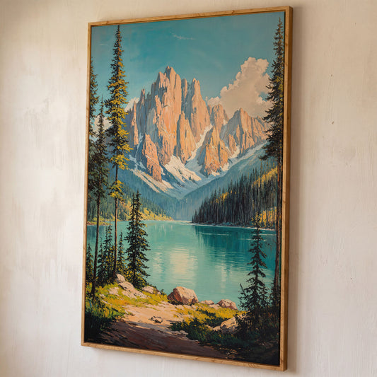 Mountain Lake with Distant Peaks Canvas shown in white oak floating frame
