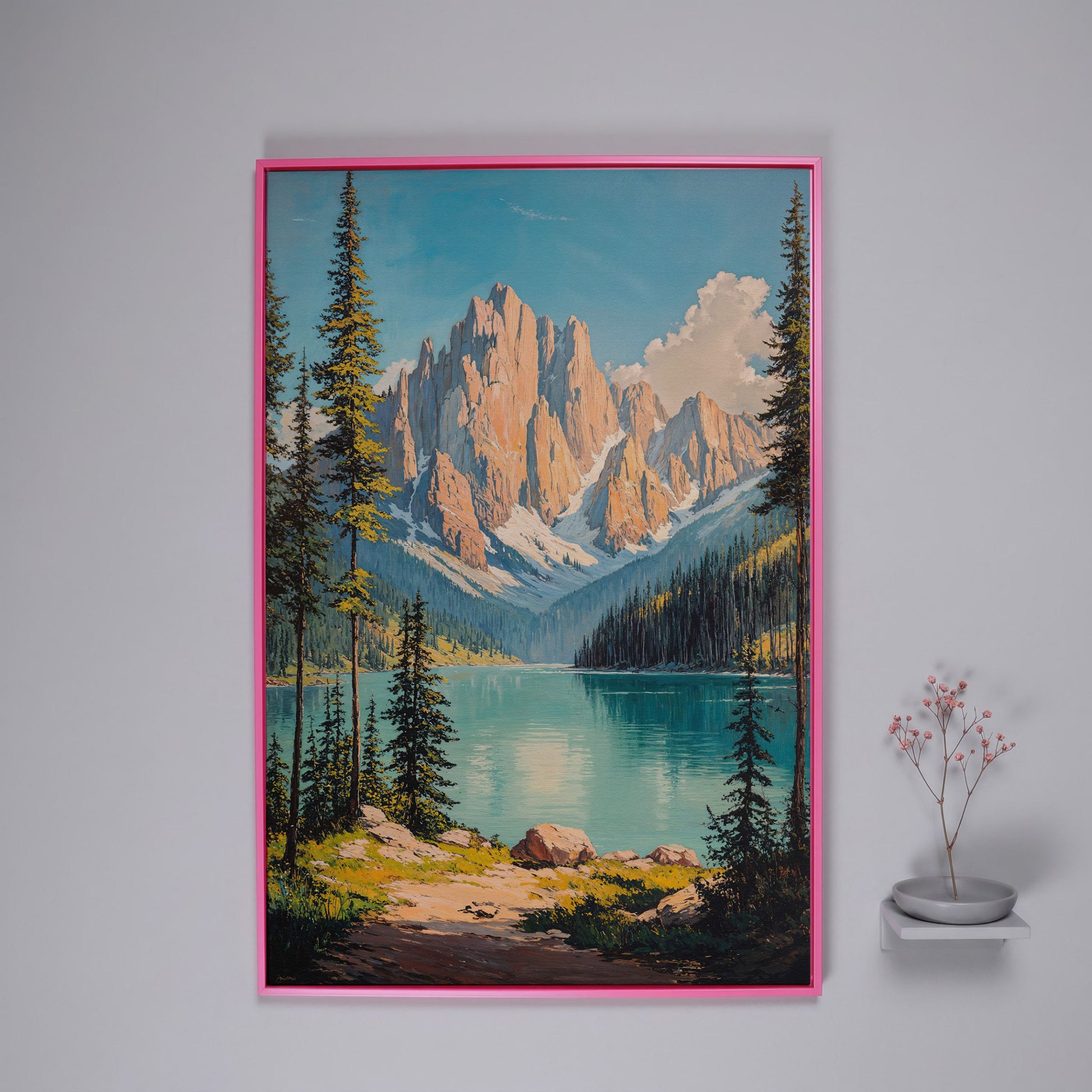 Mountain Lake with Distant Peaks Canvas in pink floating frame