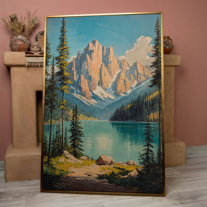 Mountain Lake with Distant Peaks Canvas in rose gold floating frame