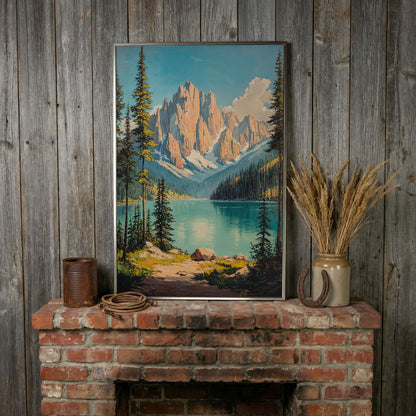 Mountain Lake with Distant Peaks Canvas in silver floating frame