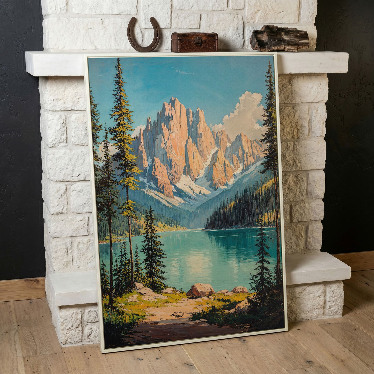Mountain Lake with Distant Peaks Canvas in white floating frame