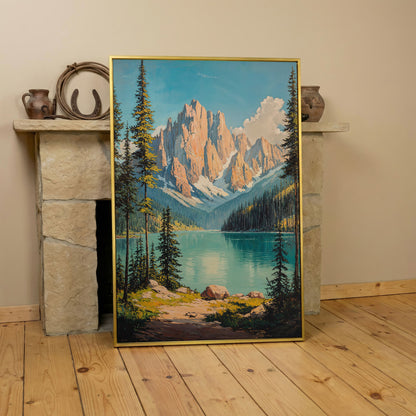 Mountain Lake with Distant Peaks Canvas in yellow gold floating frame