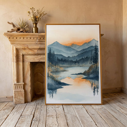 Misty Mountain Lake Canvas Wall Art in antique gold floating frame