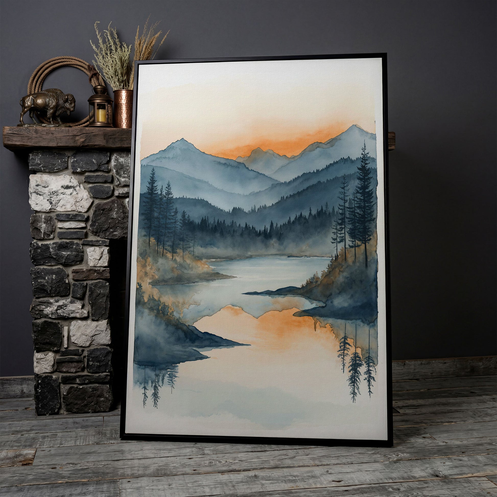 Misty Mountain Lake Canvas Wall Art in black floating frame