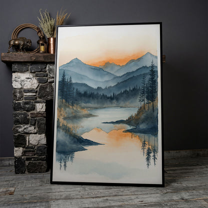 Misty Mountain Lake Canvas Wall Art in black floating frame