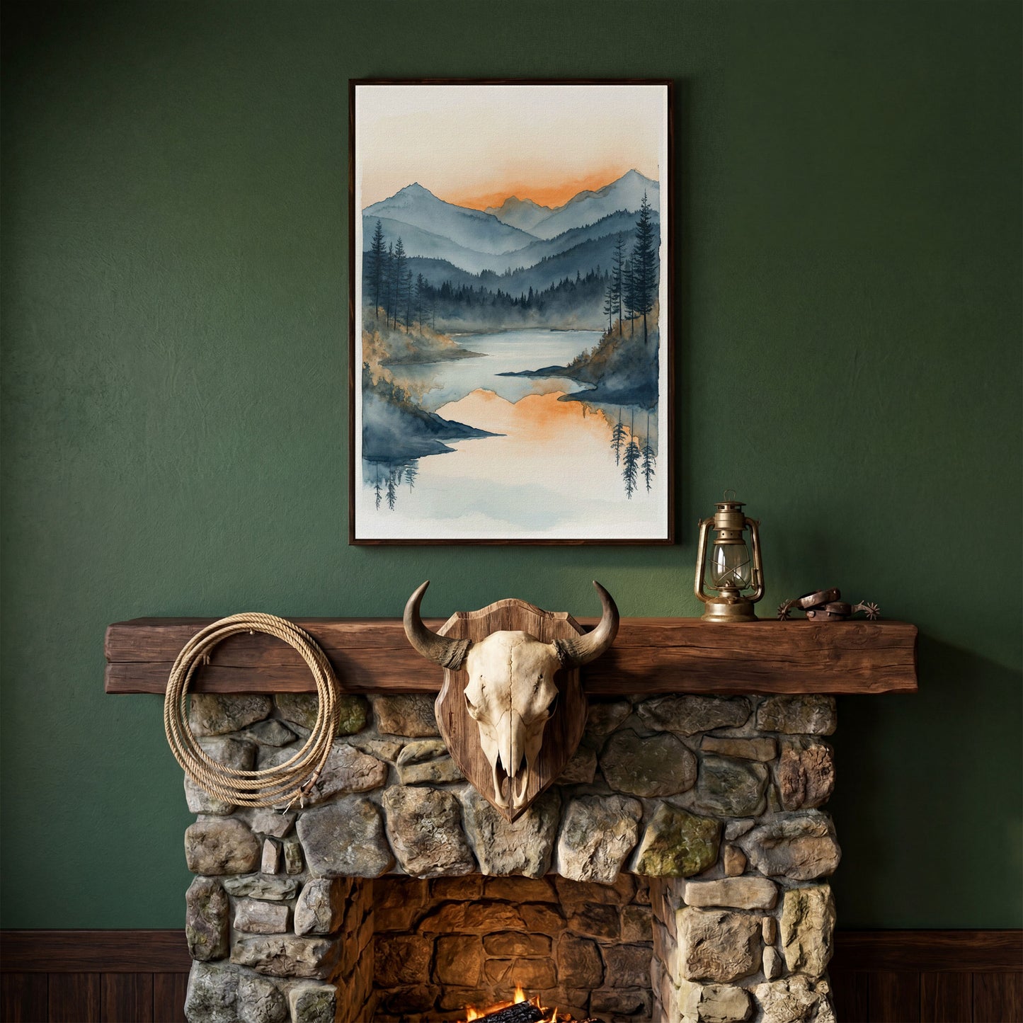 Misty Mountain Lake Canvas Wall Art in dark walnut floating frame