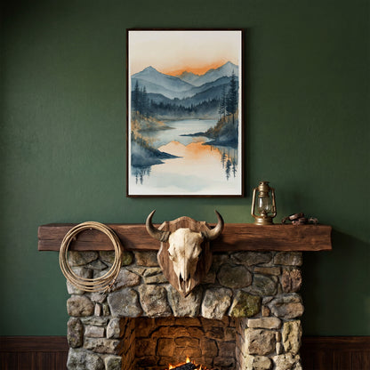 Misty Mountain Lake Canvas Wall Art in dark walnut floating frame