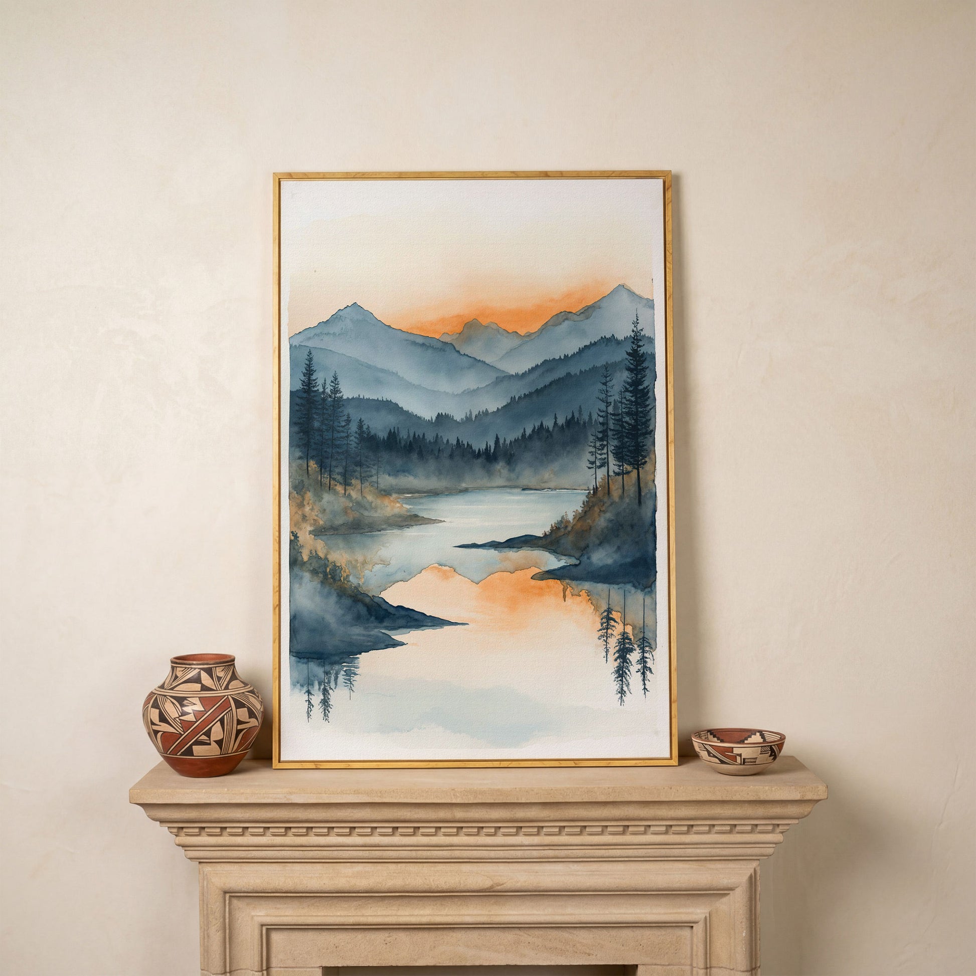 Misty Mountain Lake Canvas Wall Art in white oak floating frame