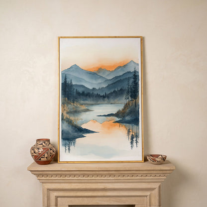 Misty Mountain Lake Canvas Wall Art in white oak floating frame