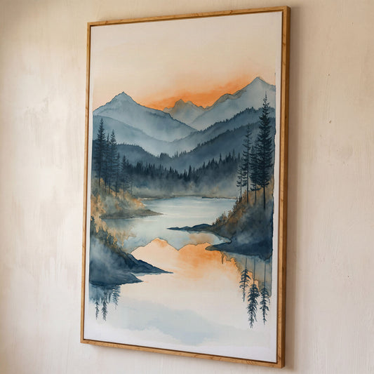 Misty Mountain Lake Canvas Wall Art shown in white oak floating frame