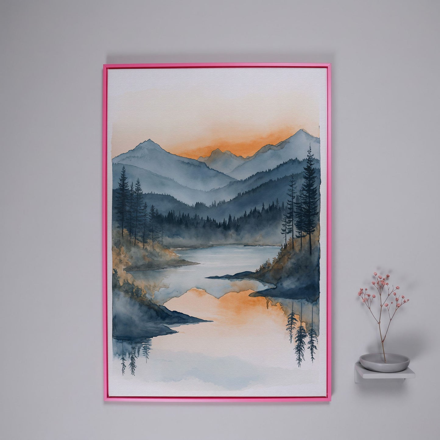 Misty Mountain Lake Canvas Wall Art in pink floating frame