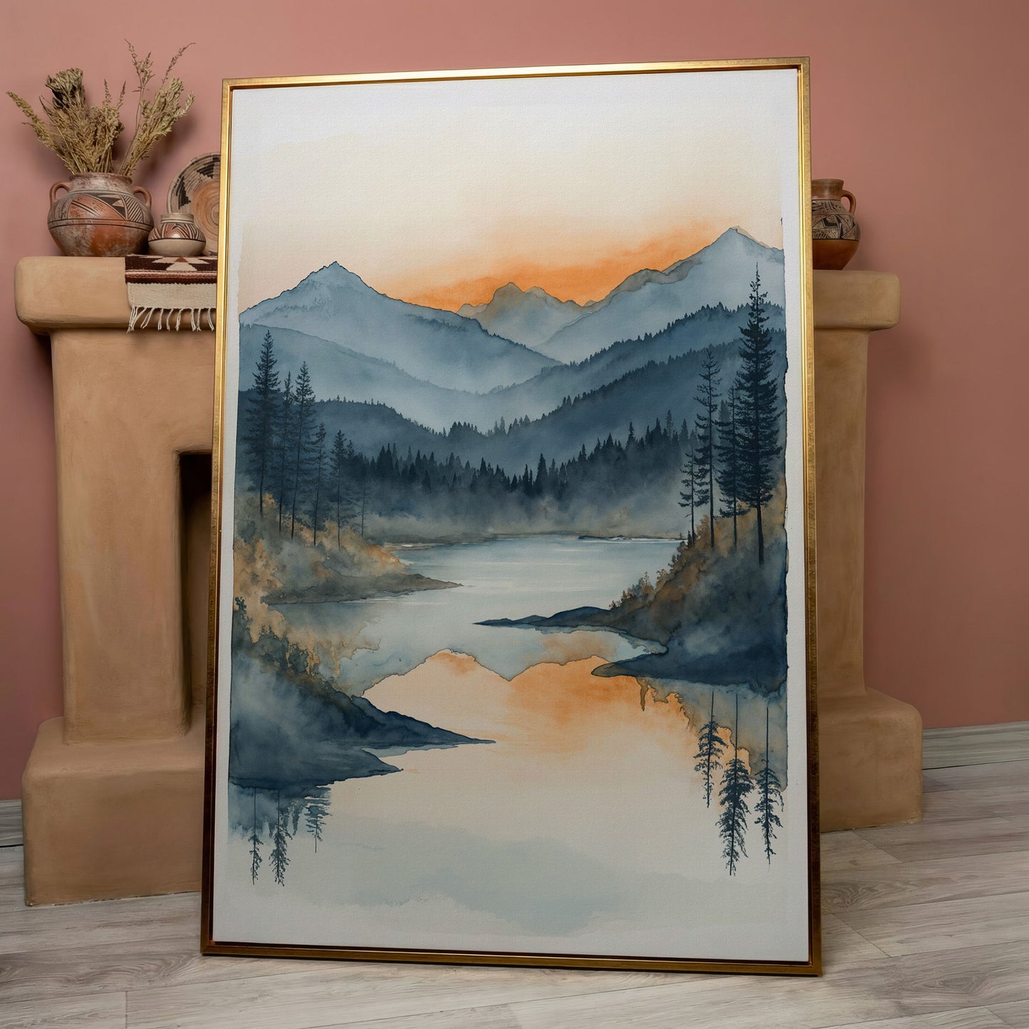 Misty Mountain Lake Canvas Wall Art in rose gold floating frame