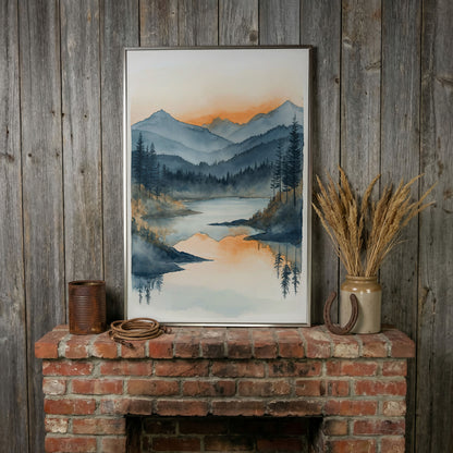 Misty Mountain Lake Canvas Wall Art in silver floating frame